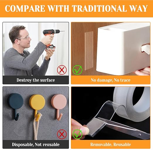 Double Sided Tape Heavy Duty for Wall Decor No Damage to Paint, Nano Two Sided