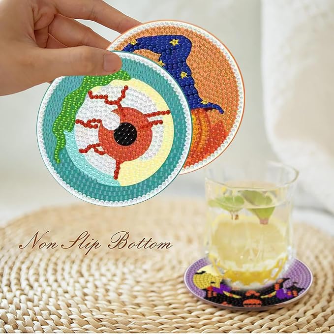 Clendo 8 PCS Halloween Diamond Art Coasters Kits, Cute Diamond Painting Coaster