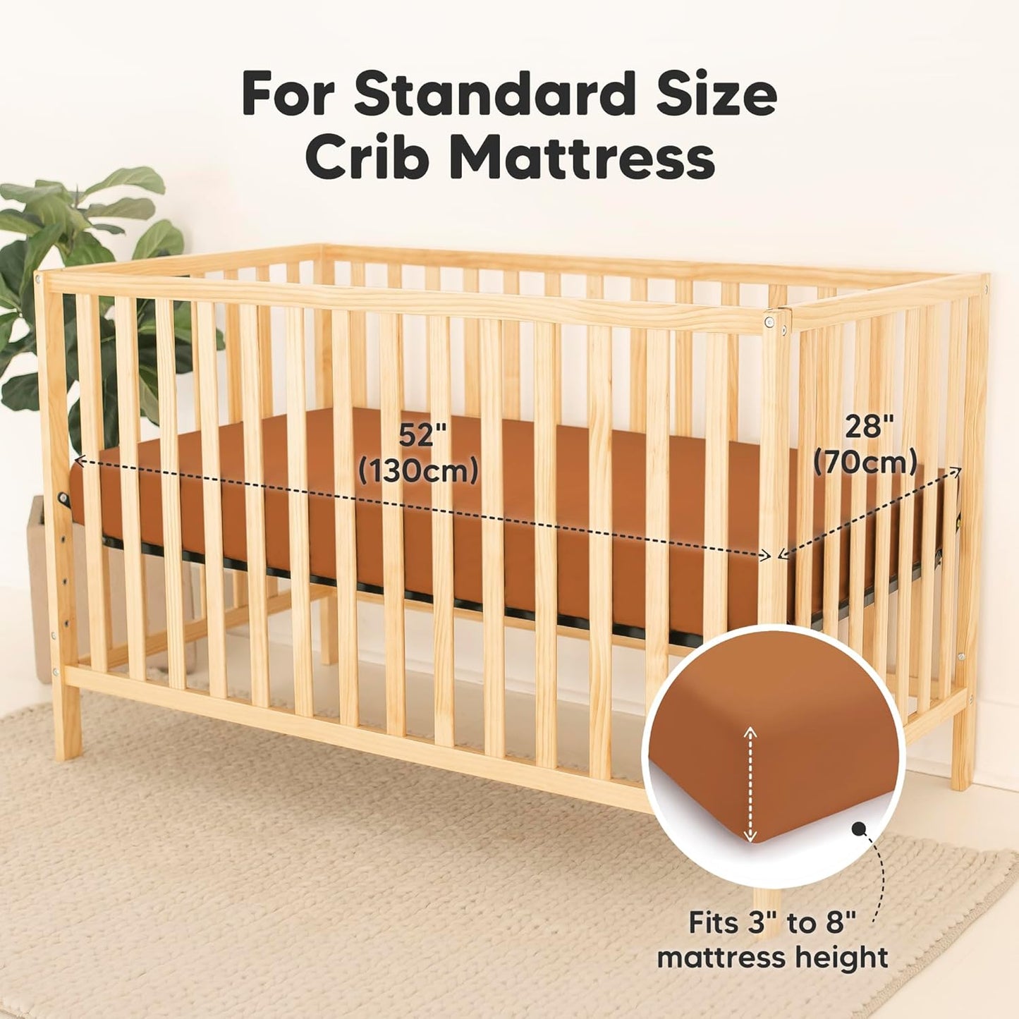 2-Pack Waterproof Baby Crib Sheets for Boys, Girls - 52x28 Viscose Derived from Bamboo Toddler Bed Sheet Neutral, Fitted Crib Mattress Protector Cover for Baby Bedding, Soft & Gentle (Rust)