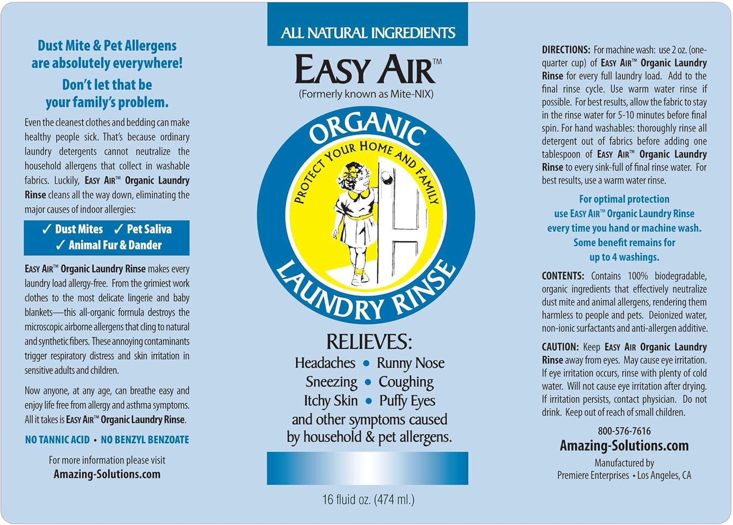 Easy Air Organic Allergy Relief Laundry Rinse, Hypoallergenic & Fragrance Free, Eliminate Odors. Asthma & Allergy Safe for Babies & Pets - 16 Fl Oz