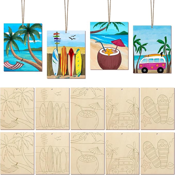 COCHIE 10 Pieces Large Summer Unfinished Wood Crafts to Paint