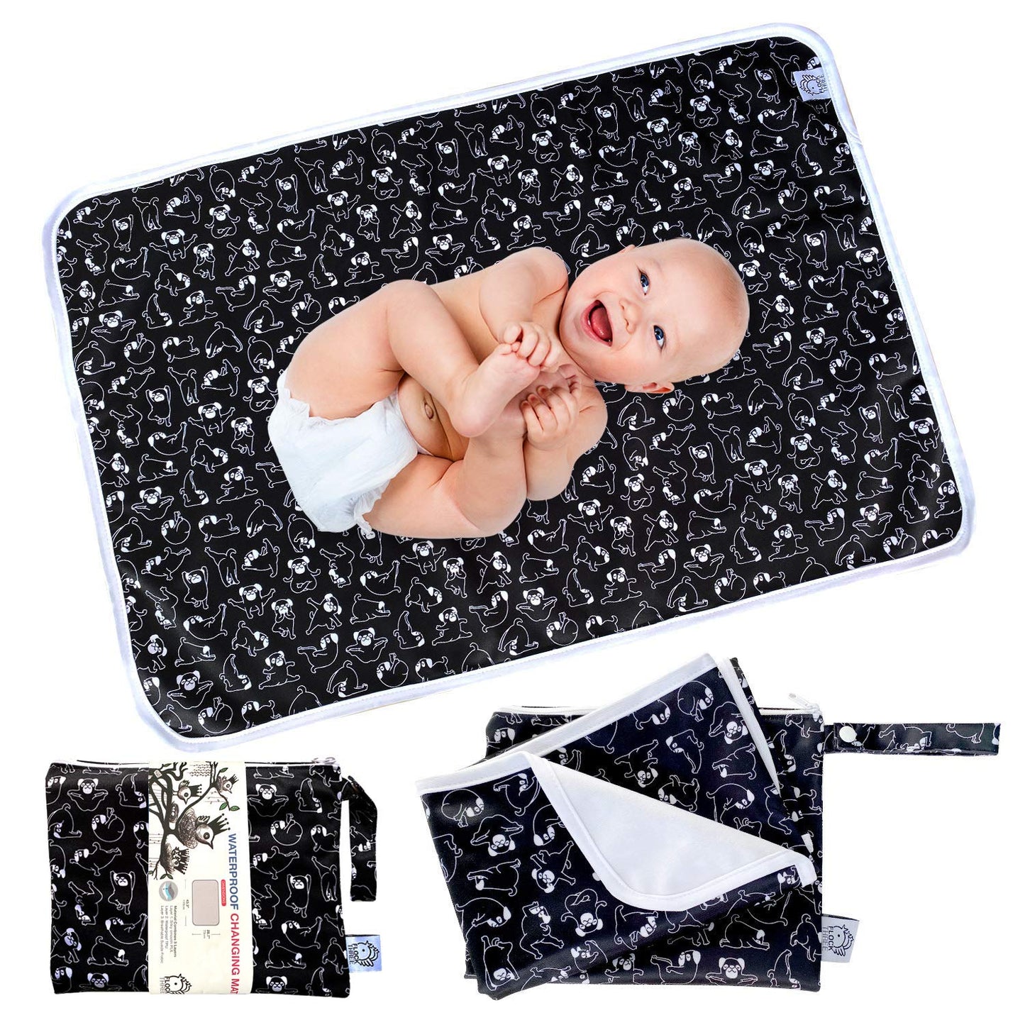 Flock Three Waterproof Baby Diaper Changing Pad with Storage Bag (43.3" X 28.7") Washable Wipeable Reusable Leak Proof Diaper Travel Mat Station Changing Mattress Liner Cribs Bed Cover, Dogs