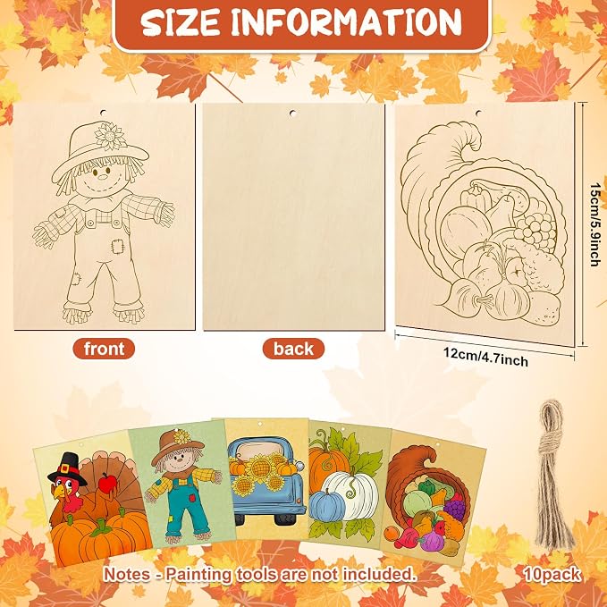 COCHIE 10PCS Large Thanksgiving Unfinished Wood Crafts to Paint