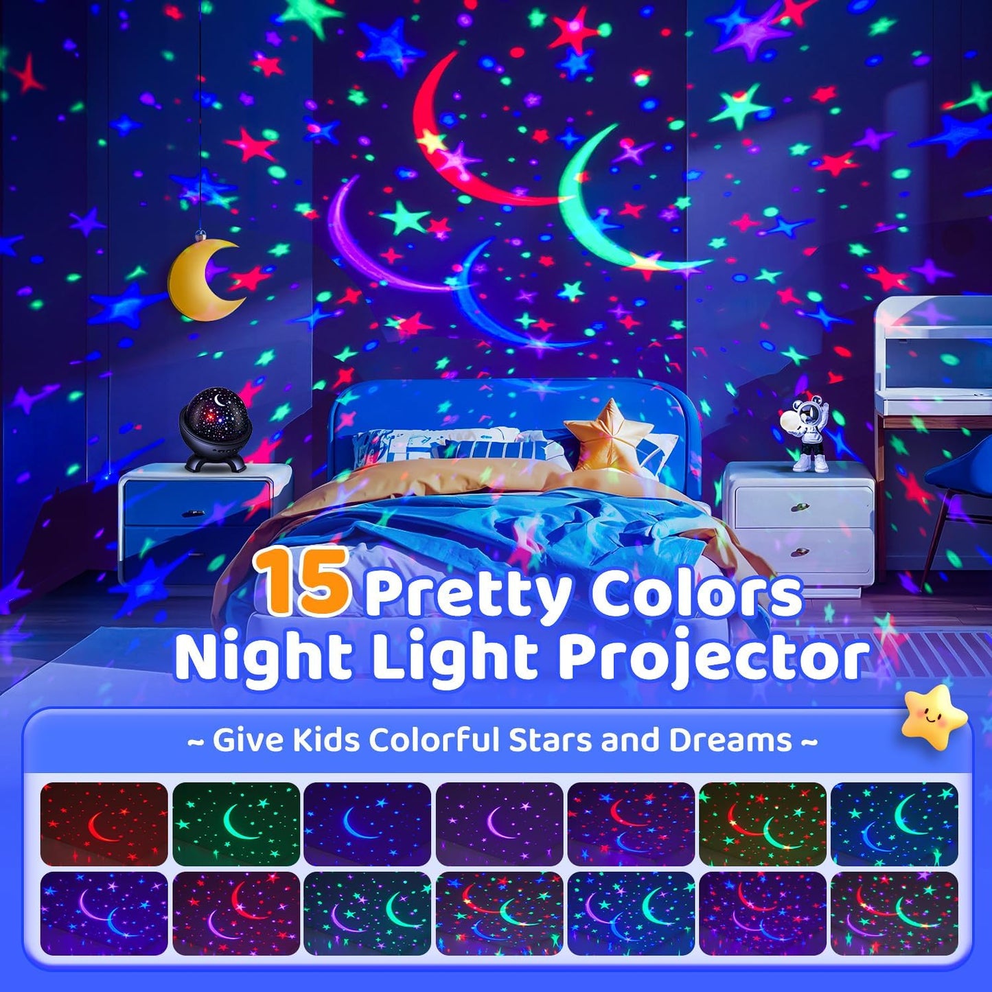 One Fire Kids Night Light Projector,15 White Noise+15 Color+Bluetooth Baby Light Projector Night Light for Kids,Remote+Dimmable Projector Night Light,Star Night Light Projector for Kids Room