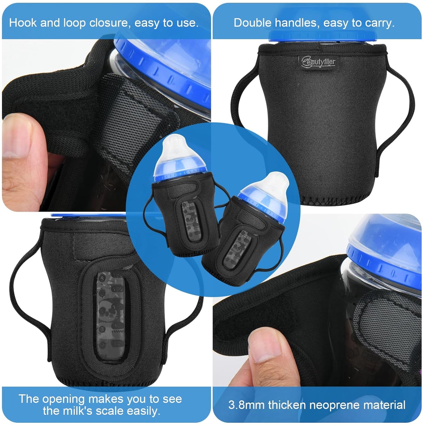 Beautyflier Glass Baby Bottle Sleeve Covers for 9oz Nature Baby Bottles with Dual Handle, 3.8mm Thicken Heat and Cold Retention Baby Bottle Sleeve (2 Black)