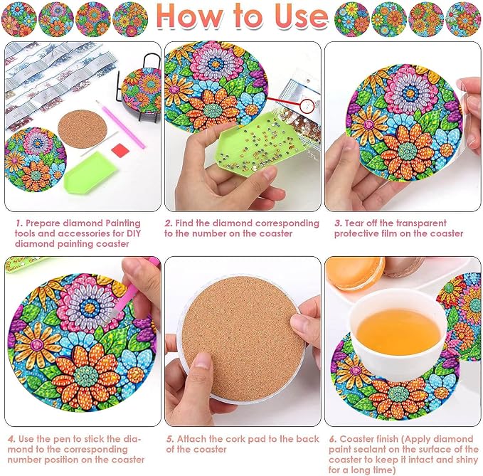ijbnhd 8 Pcs Flowers Diamond Art Coasters