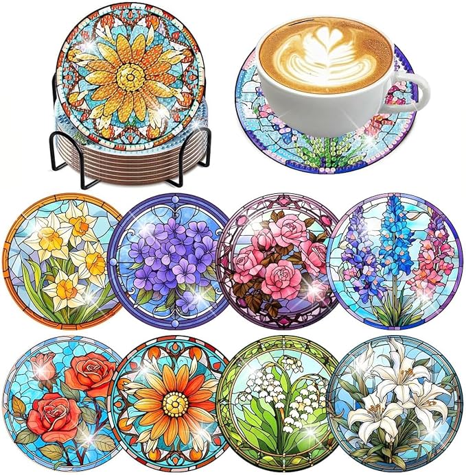 ijbnhd 8 PCS Flowers Diamond Art Coasters | Diamond Painting Coasters Kits