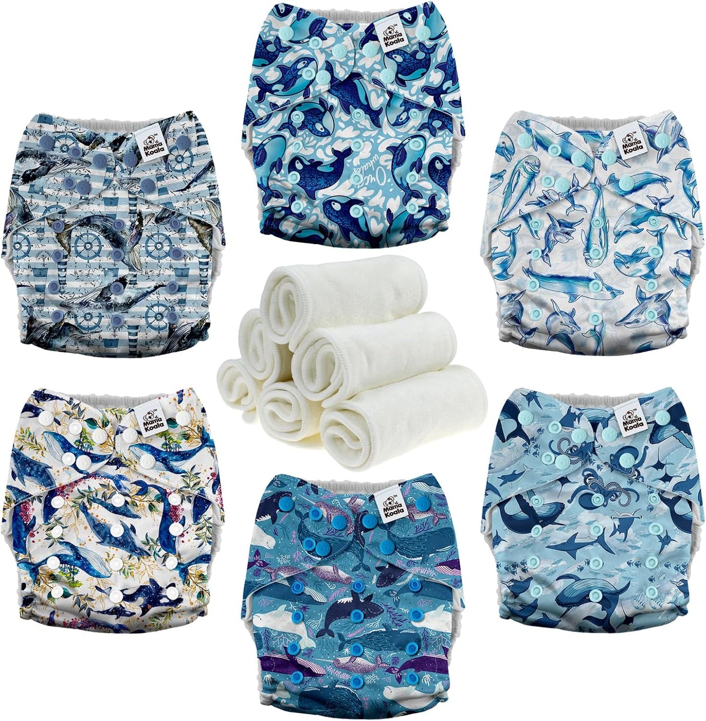 Mama Koala 3.0 Pocket Cloth Diapers for Babies with AWJ Lining, 6 Pack with 6 4-Layer Natural Cloth Diaper Inserts - Reusable and Washable Pocket Diapers(Whales)