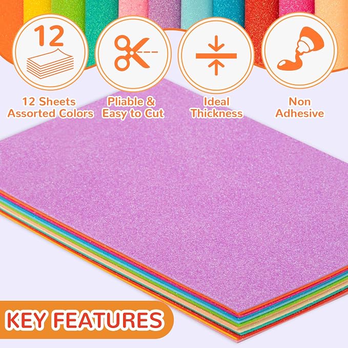 12 Pack Glitter Foam Sheets Craft 8 x 12 inch, 12 Colors | Sparkles Foam Paper