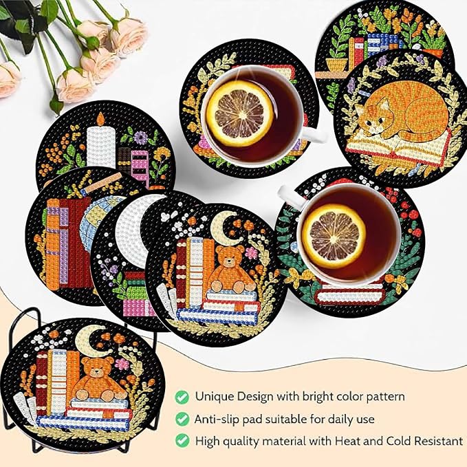 Clendo 8 Pcs 5D Book Diamond Art Coasters Kits