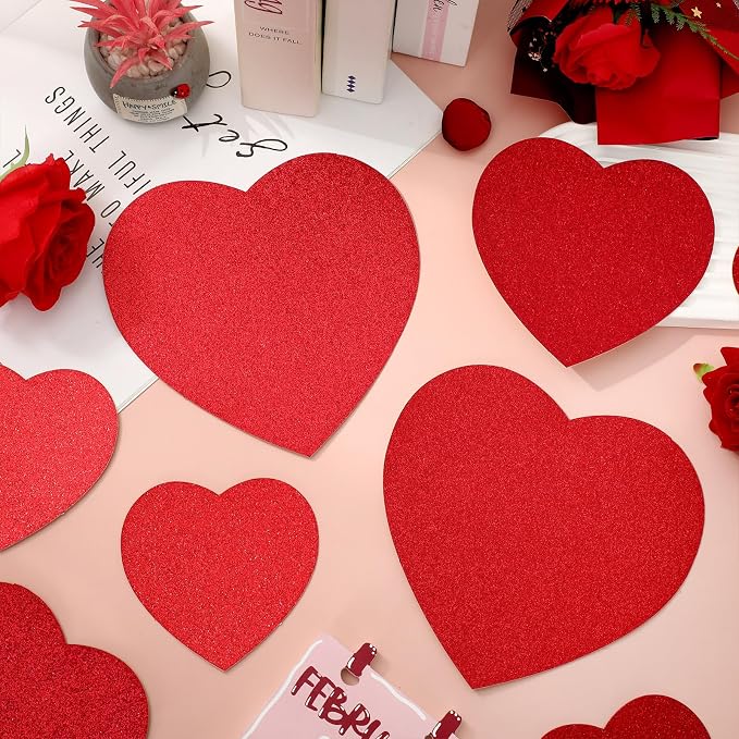 JarThenaAMCS 45Pcs Valentine' s Day Heart Cutouts Red Pink Glitter Heart Shaped