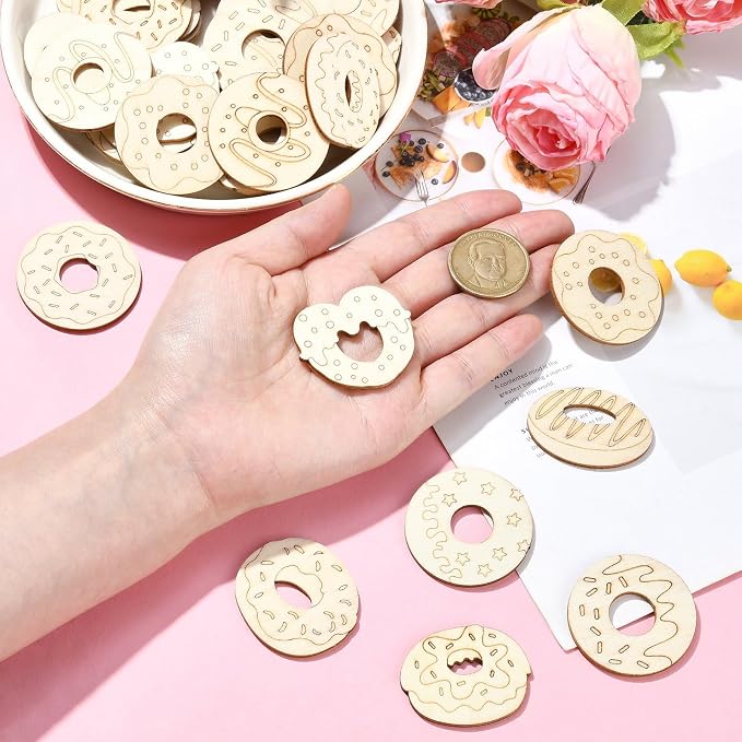 100 Pcs Unfinished Wood Cutouts Donut Wooden Shapes Dessert Wood Crafts