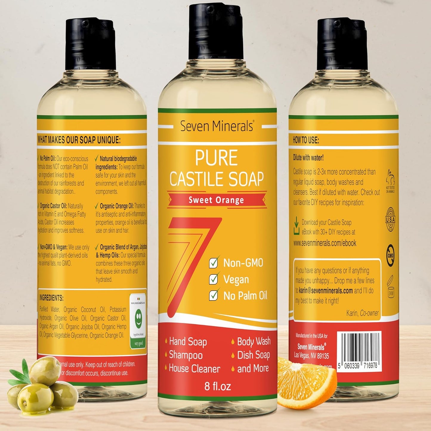 Seven Minerals Pure Castile Soap, Sweet Orange 8oz - No Palm Oil, GMO-Free - Gentle Liquid Soap For Sensitive Skin & Baby Wash - All Natural Vegan Formula with Organic Carrier Oils