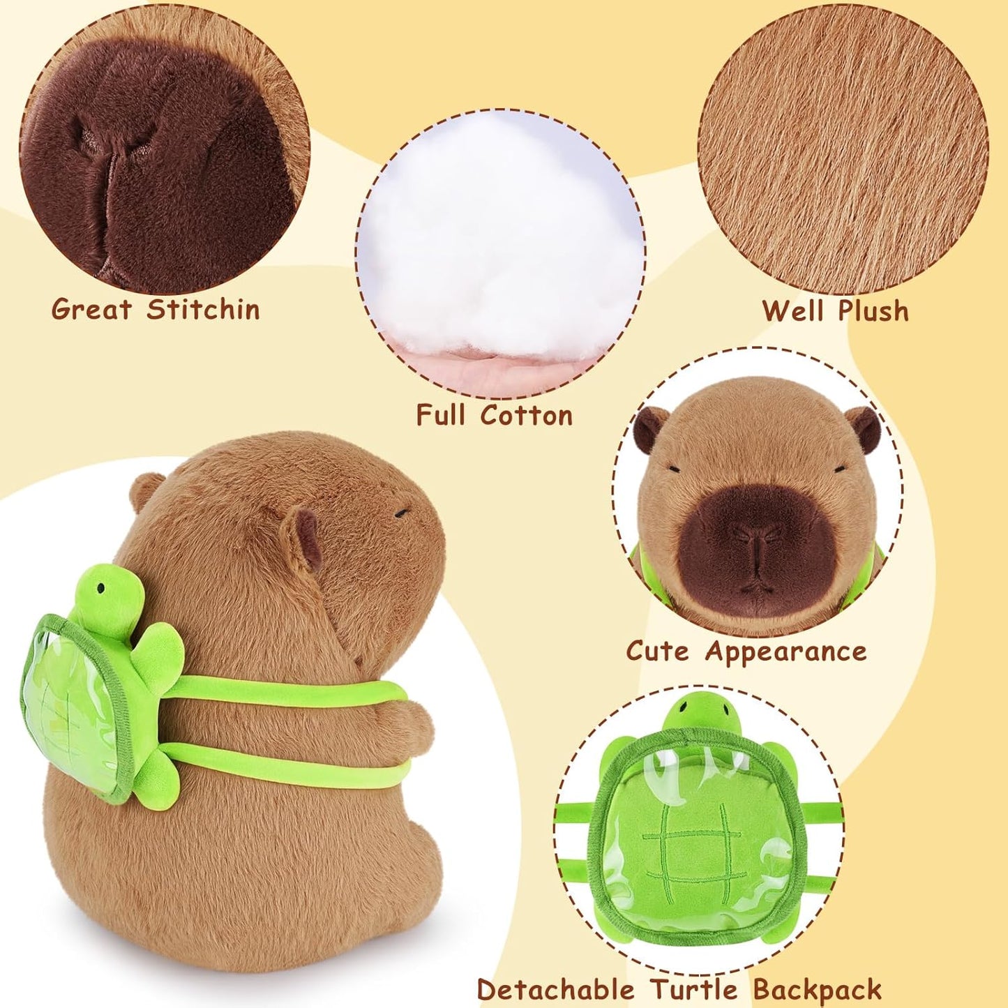 Achwishap Capybara Plush With Turtle Backpack - Cute Stuffed Animal Toy, Soft and Kawaii Plushies Gift for Kids and Adults (10")