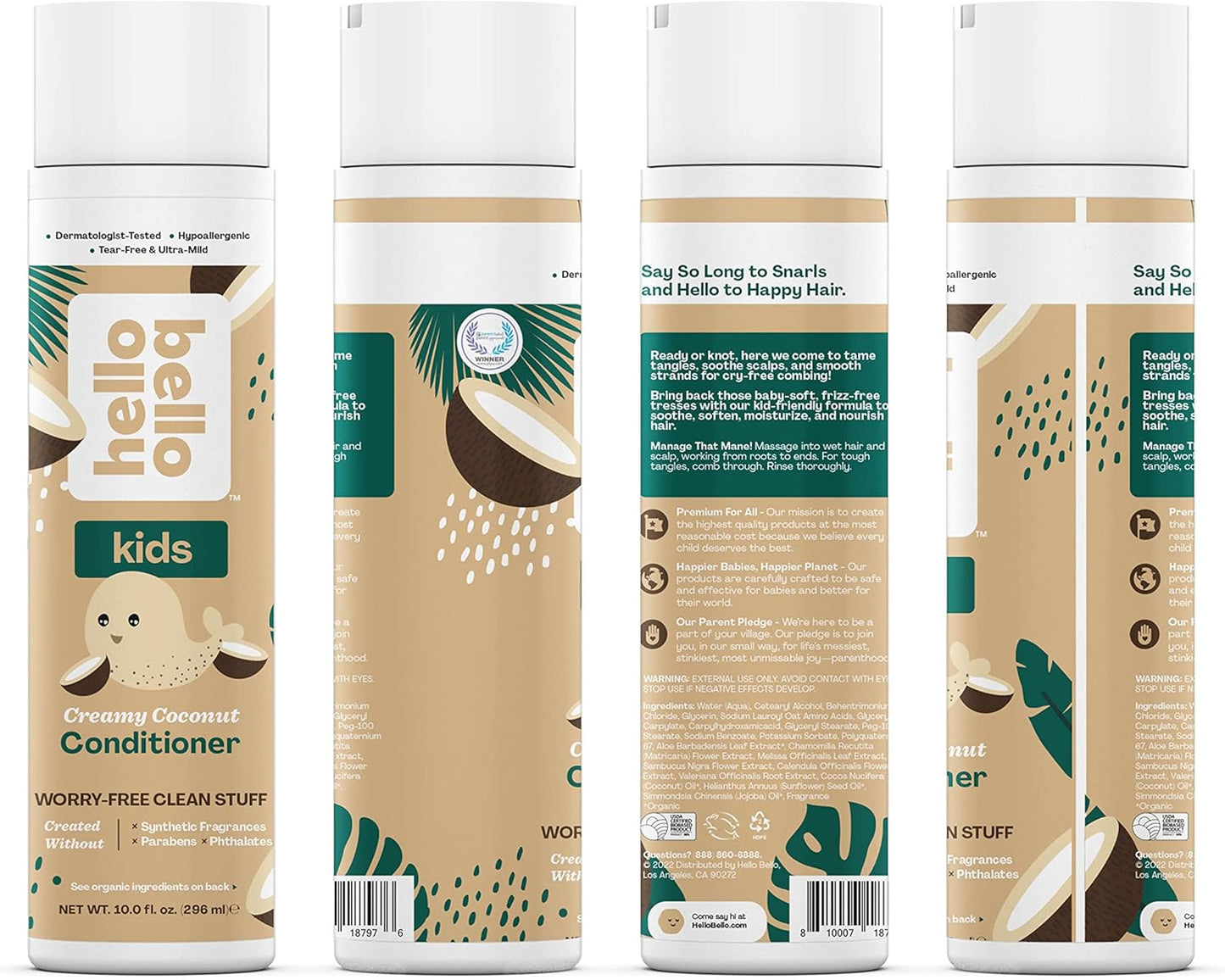 Hello Bello Kid's Conditioner - Hypoallergenic, pH-Balanced & Dermatologist-Tested - Thoughtful Ingredients - Coconut, 10 Fl Oz (2 Pack)