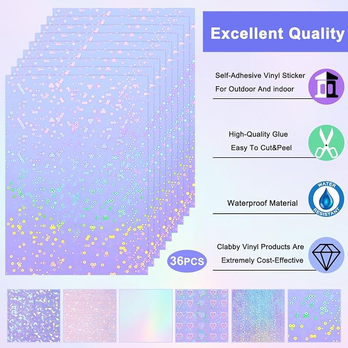 Clabby 36 Sheets Holographic Sticker Paper A4 Vinyl Holographic Laminate Sheets