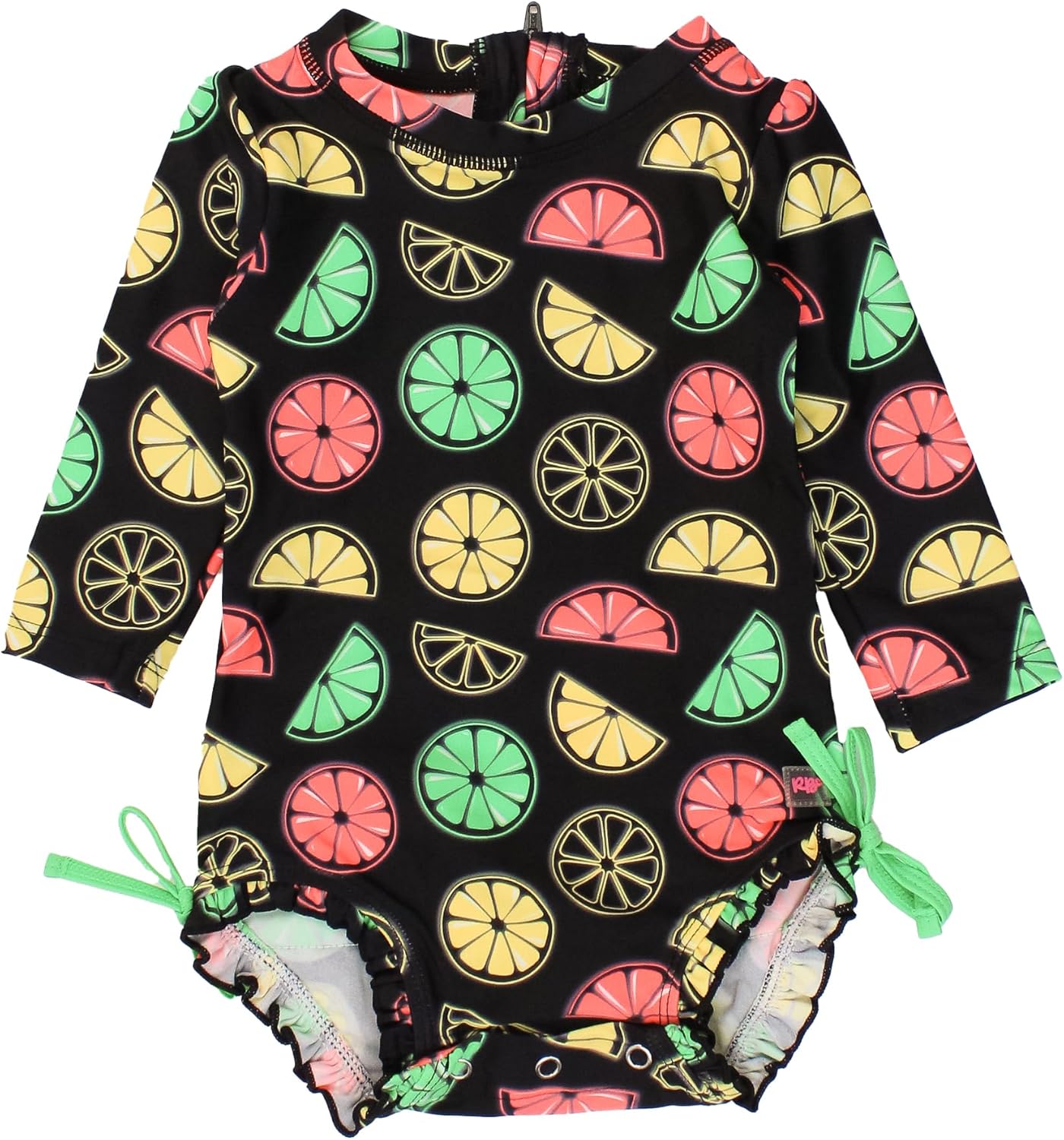 RuffleButts Baby Girls UPF 50+ Sun Protection Novelty Print Long Sleeve One Piece Rash Guard Swimsuit with Zipper