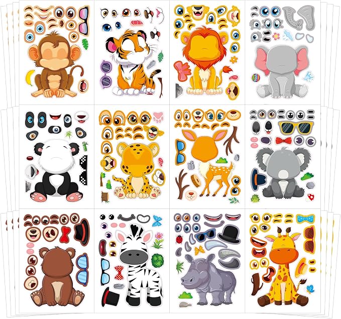 48 Sheets Create Funny Safari Animals Stickers, Make a Face Stickers