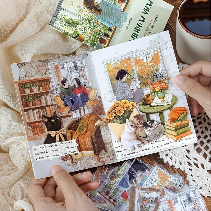 120PCS Watercolor Window PET Stickers – Scenic Views of Cats, Flowers & Cozy