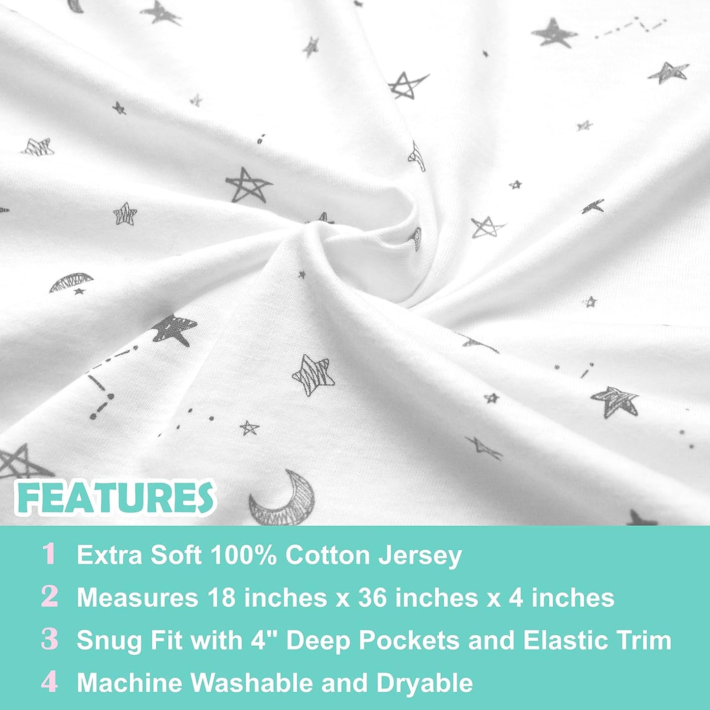 American Baby Company 100% Natural Cotton Fitted Cradle/Bassinet Sheet 36" x 18" - Soft, Breathable & Hypoallergenic Bed Sheet, Gray Stars and Moons, Neutral for Boys & Girls (Pack of 2)