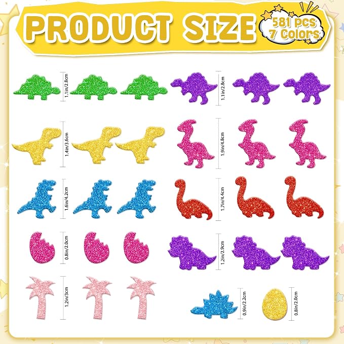 Foam Stickers, 7 Sheets 3D Glitter Foam Dinosaur Stickers