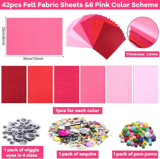 gisgfim 42Pcs Valentine's Day Pink Felt Fabric Sheets Craft Kit 8 x 12 Inch