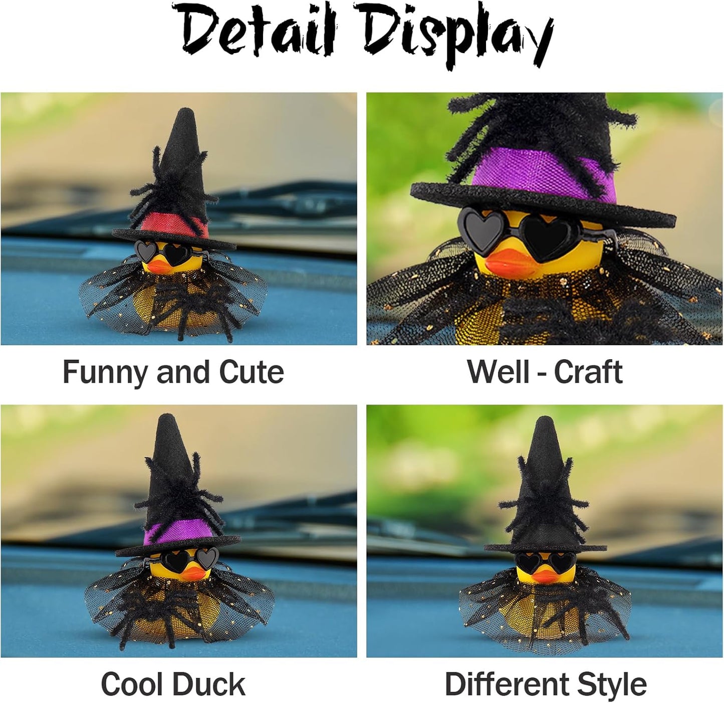 wonuu Car Dashboard Spider Witch Rubber Ducks for Halloween, Decorations Duck for Office Desk Ornament Accessories with Hat Glasses Skirt, for Halloween Party Gifts (Gold Point Skirt Red)
