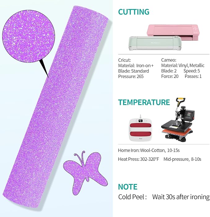 VINYL FROG Neon Purple Glitter Heat Transfer Vinyl Roll 10"x5ft Bright Purple
