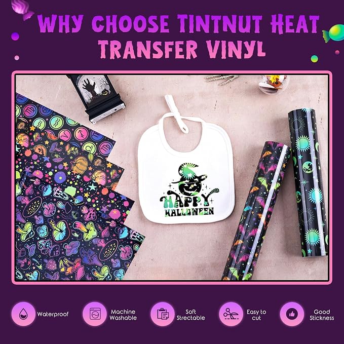 Tintnut Halloween Glow in the Dark HTV Vinyl, easy cut & weed, stretch washable