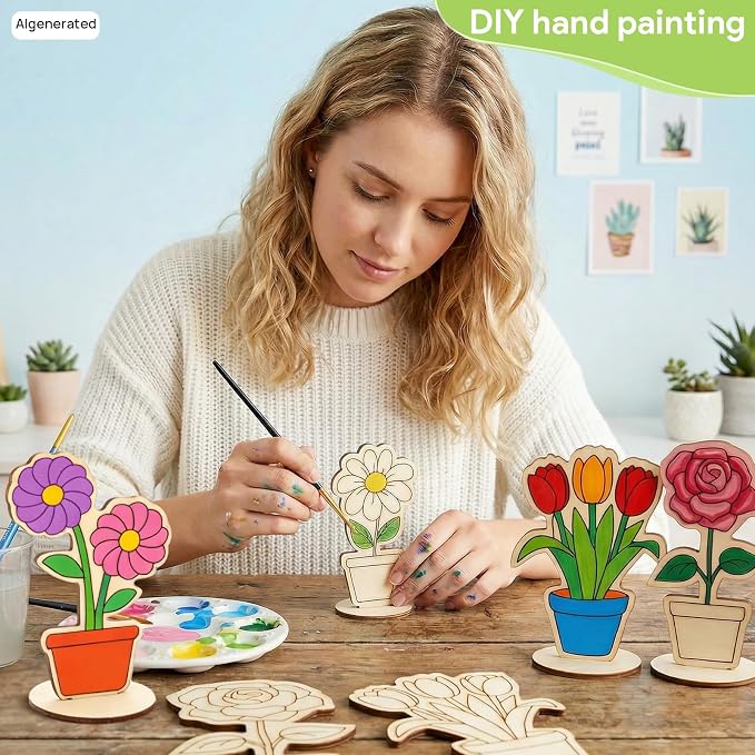24 PCS Wooden Flower Crafts to Paint, Unfinished Wooden Flowers Spring Slices