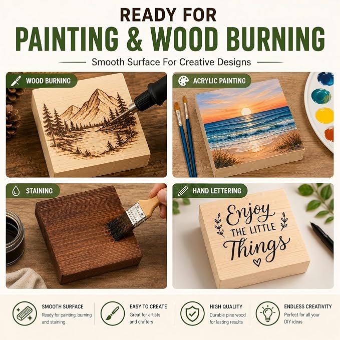 4 Pcs Solid Wood Blocks 4x4x1 Inch Unfinished Whittling Blocks