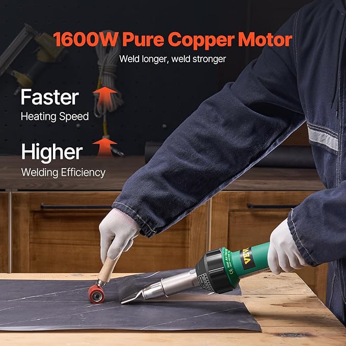 VEVOR Hot Air Plastic Welder, 1600W Hot Air Torch Pistol, 122-1112℉ PVC TPO Vinyl Heat Gun Welding Torch, Plastic Welding Roofing Kit with 2 Nozzles, Silicone & Copper Seam Roller for PP/PE/PVC Sheet