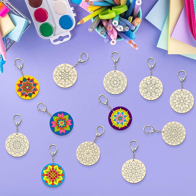 RattanView 24 Pcs Mandala Craft Color Your Own Keychains DIY Craft Wooden Blank