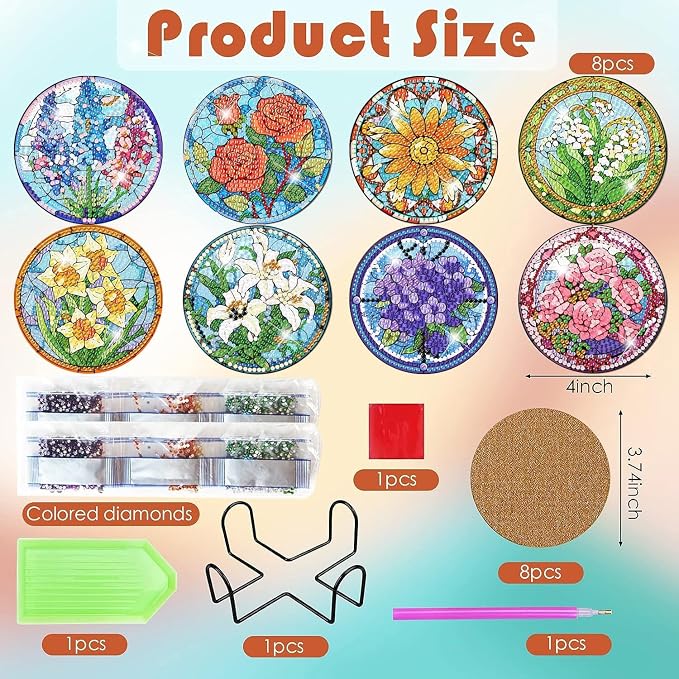 ijbnhd 8 PCS Flowers Diamond Art Coasters | Diamond Painting Coasters Kits