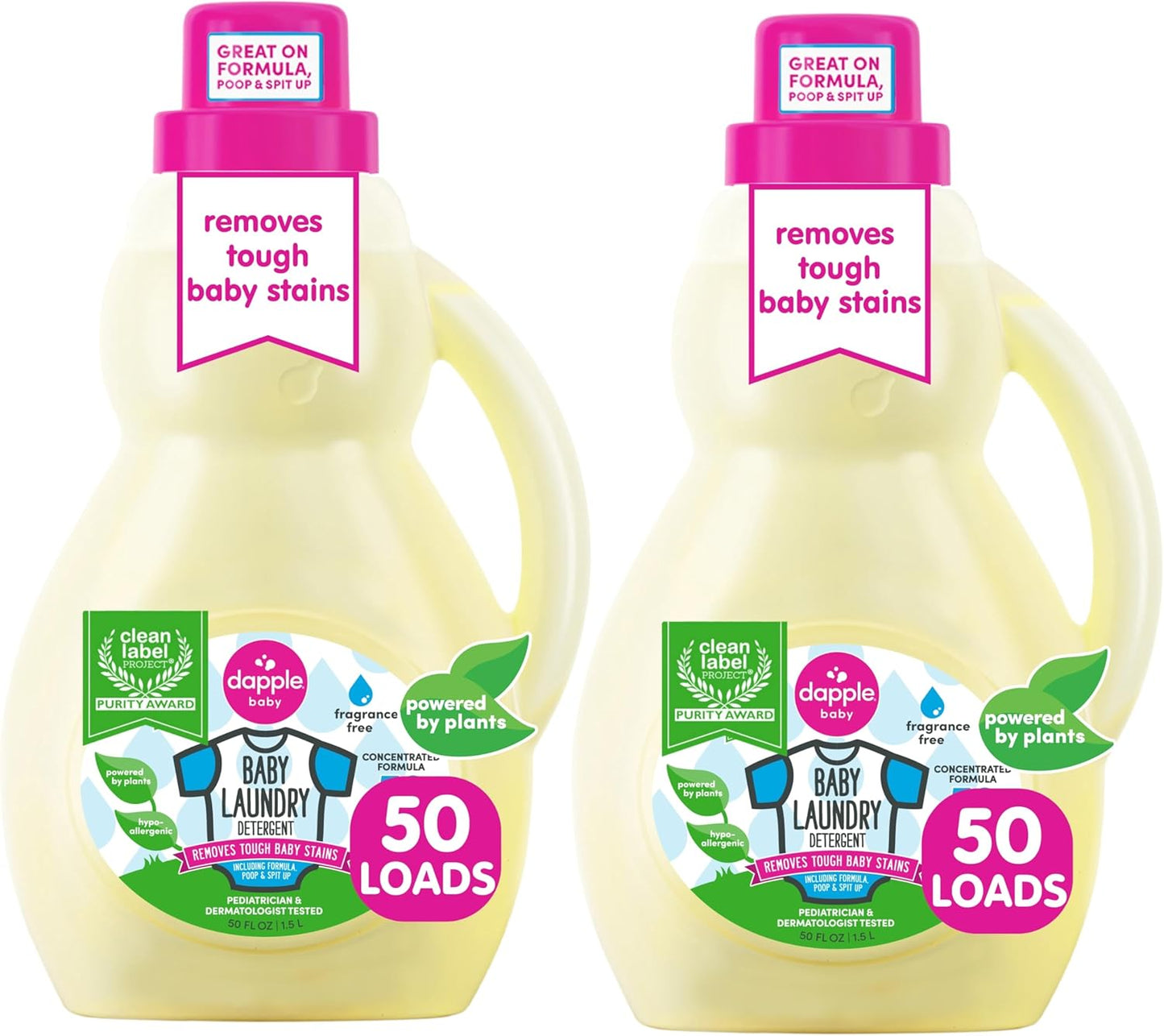 Dapple Baby Laundry Detergent, Plant Powered, Hypoallergenic, Fragrance Free, Concentrated, 50 fl oz (Pack of 2)