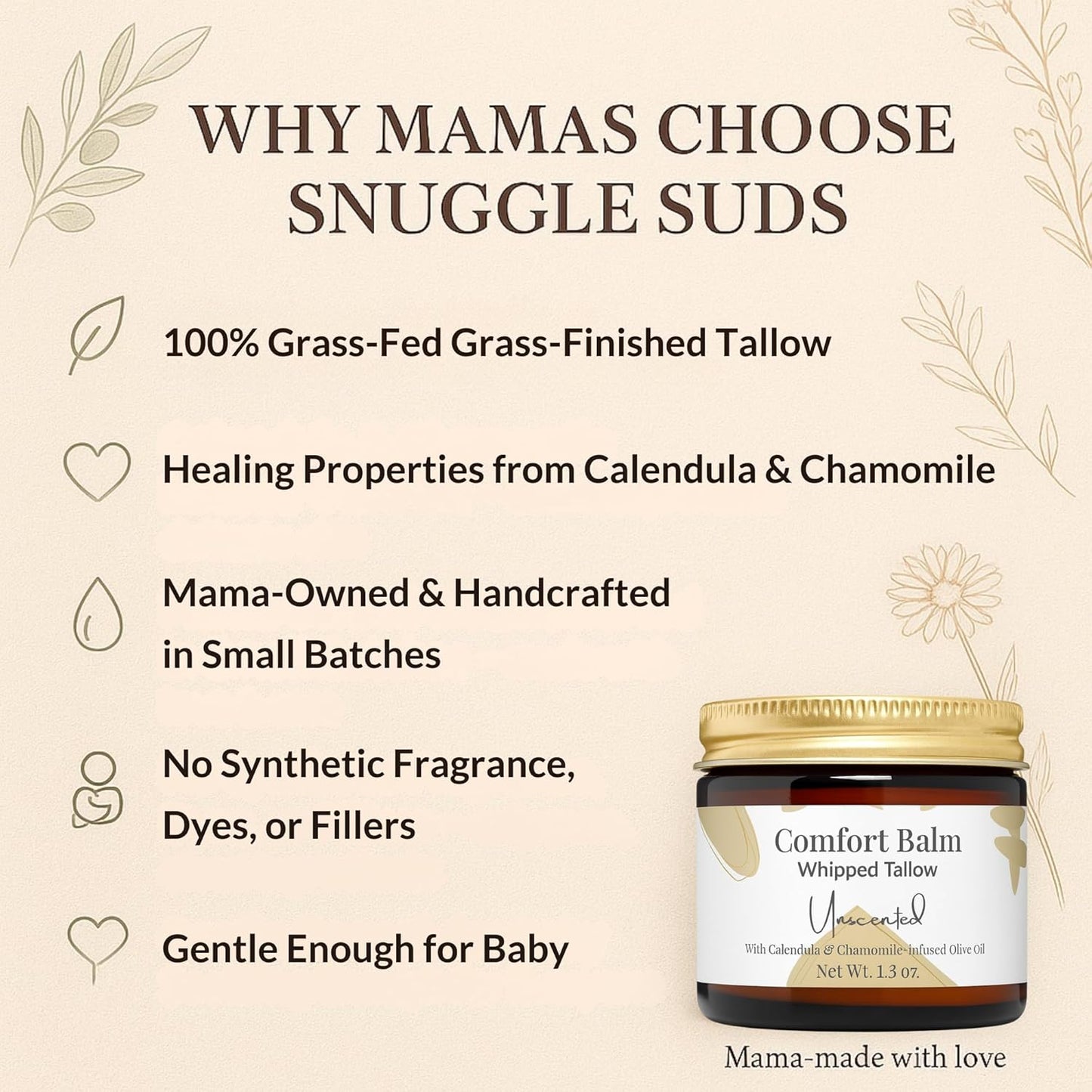 Whipped Tallow Balm – 100% Grass Fed Beef Tallow for Baby, Eczema & Sensitive Skin; Double-Infused with Calendula & Chamomile Herbs (Unscented Herb-Infused)