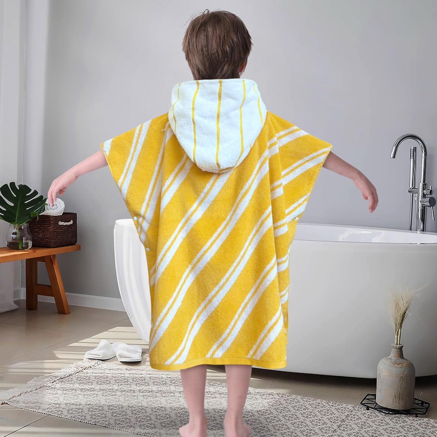VOOVA & MOVAS Kids Hooded Poncho Towels (4-8Years,27.5"x27.5"),100% Cotton Soft Absorbent Towel for Boys,Perfect for Bathroom | Pool | Beach | Swimming, Jacquard Yellow Stripe