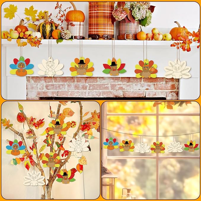 24 PCS Unfinished Wooden Thanksgiving Crafts, Turkey Shaped Hanging Ornaments