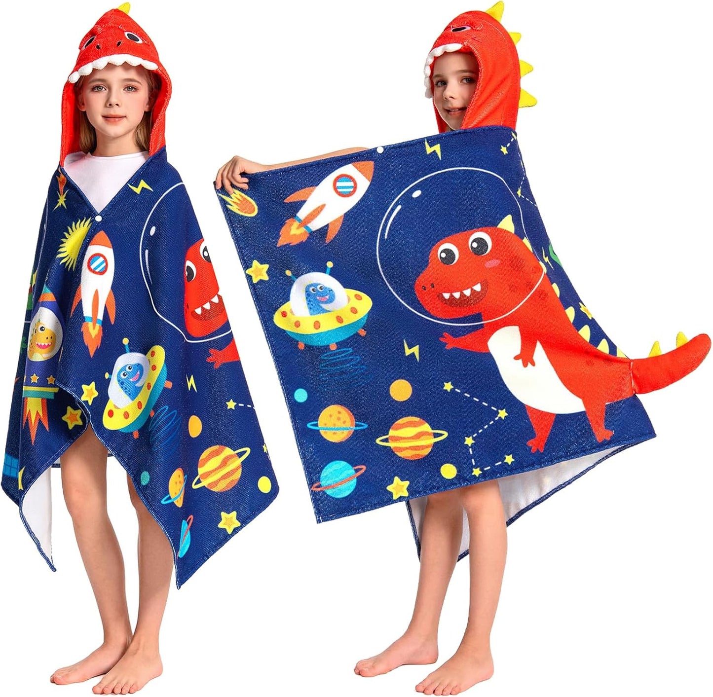 OLAOLA Space Dinosaur Hooded Towel for Kids 3-12 Years, Soft Thick Absorbent Beach Towels, Toddler Bath Towel Wrap 28" x 53", Swim Pool Towels Poncho for Boys Girls
