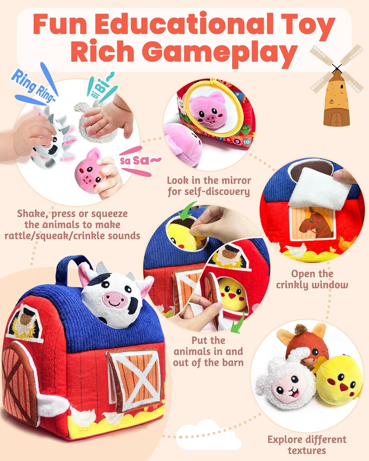 Baby Toys 6-12 Months - Infant Barn Toy with Stuffed Farm Animals, Rattle, Crinkle, Squeak, Mirror - Montessori Sensory Toys for 6 7 8 9 10 12 Month Old Babies, 1 Year Old Baby Boy Girl Gifts