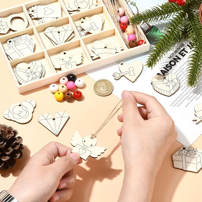 54 pcs Mixed Styles Wedding Theme Unfinished Wooden Cutout Charms Ring Heart