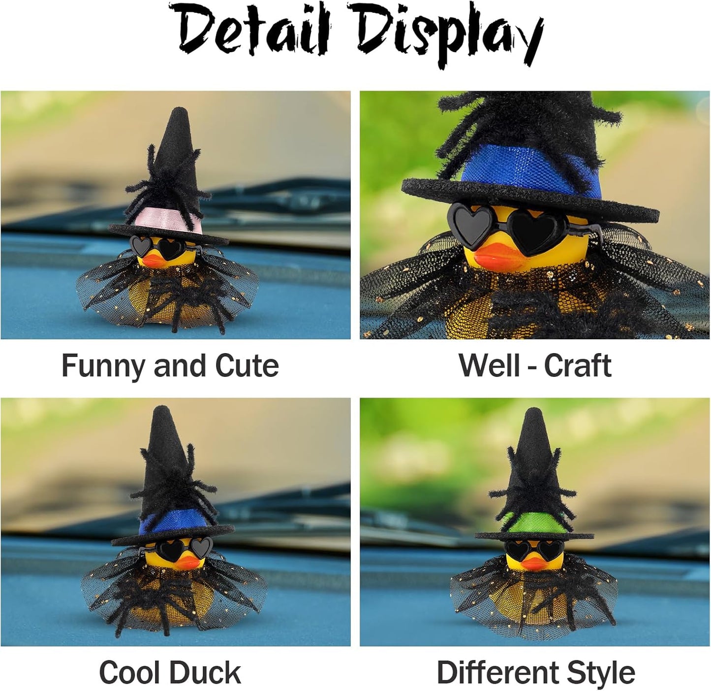 wonuu Car Dashboard Spider Witch Rubber Ducks for Halloween, Decorations Duck for Office Desk Ornament Accessories with Hat Glasses Skirt, for Halloween Party Gifts (Gold Point Skirt Pink)