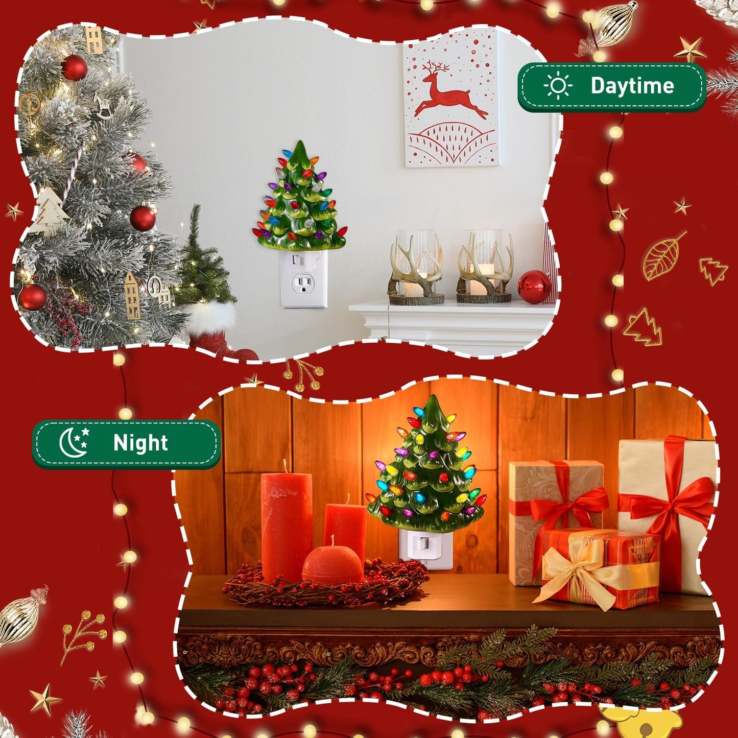 Tfro & Cile Ceramic Christmas Tree Night Light 2 Pack Xmas Decorative Tree Lamp Small Vintage Light Up Bathroom Decor with On/Off Switch for Home Bedroom