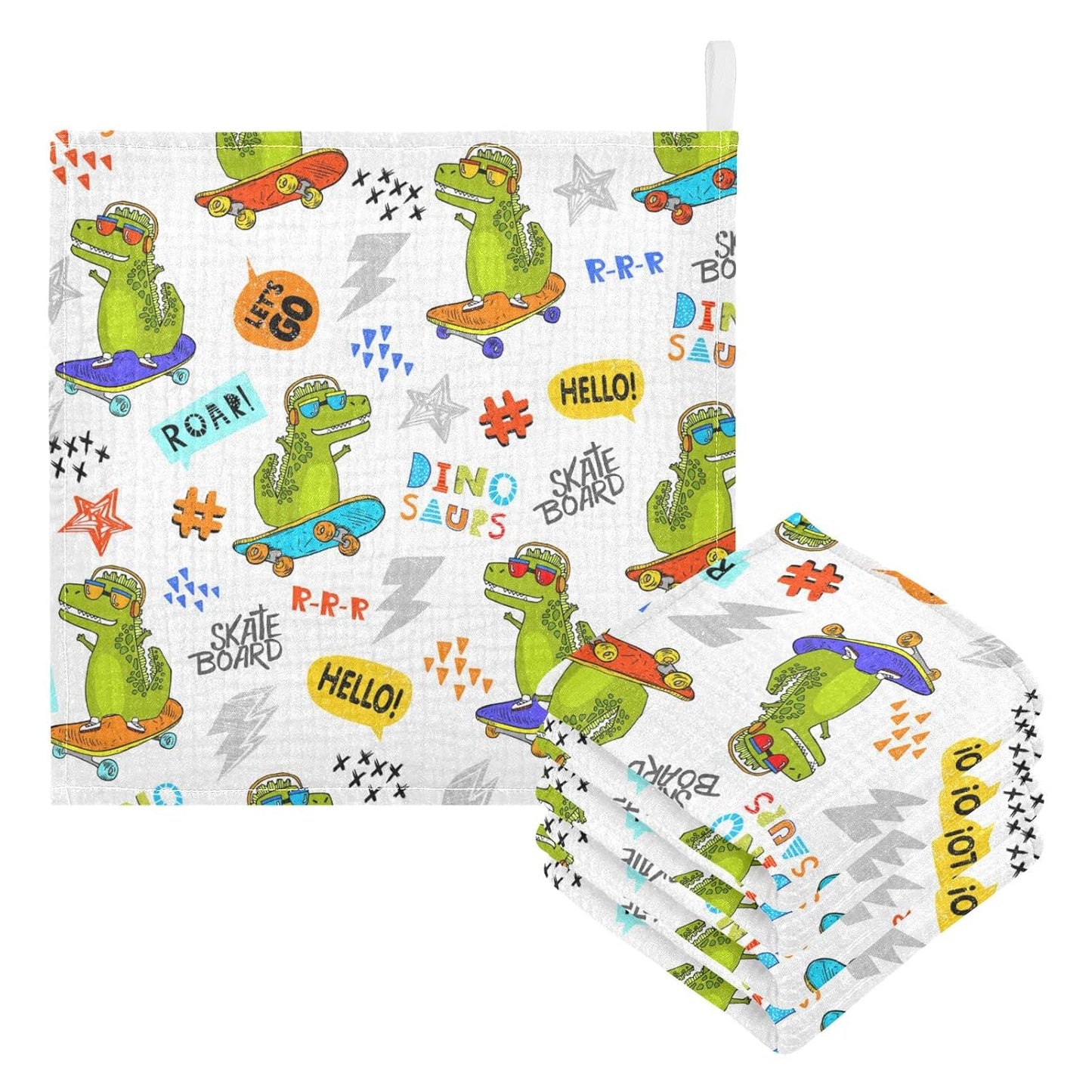 Funny Dinosaur Skateboarding Baby Muslin Washcloths Cartoon Animal Dino Burp Cloths Soft Absorbent Baby Wash Cloth Fingertip Face Towels for Newborn Boys Girls 12 x 12 in, 5 Pack