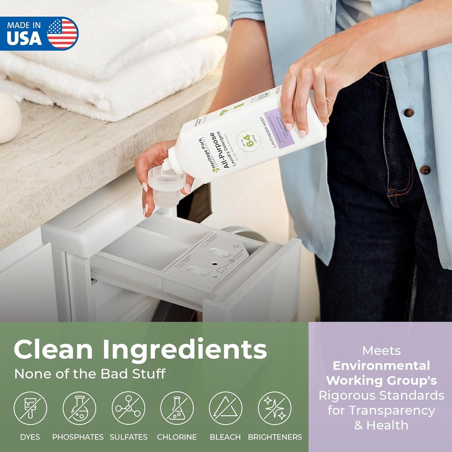 Heritage Park Luxury Laundry Detergent | Dermatologist Tested Plant based Natural & Enzyme Laundry Detergent | Sensitive Skin Friendly - Lavender Mist (32 fl oz)