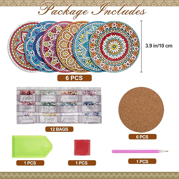Temlum 6 Pcs Diamond Painting Coasters Kit, Mandala Diamond Art Coasters