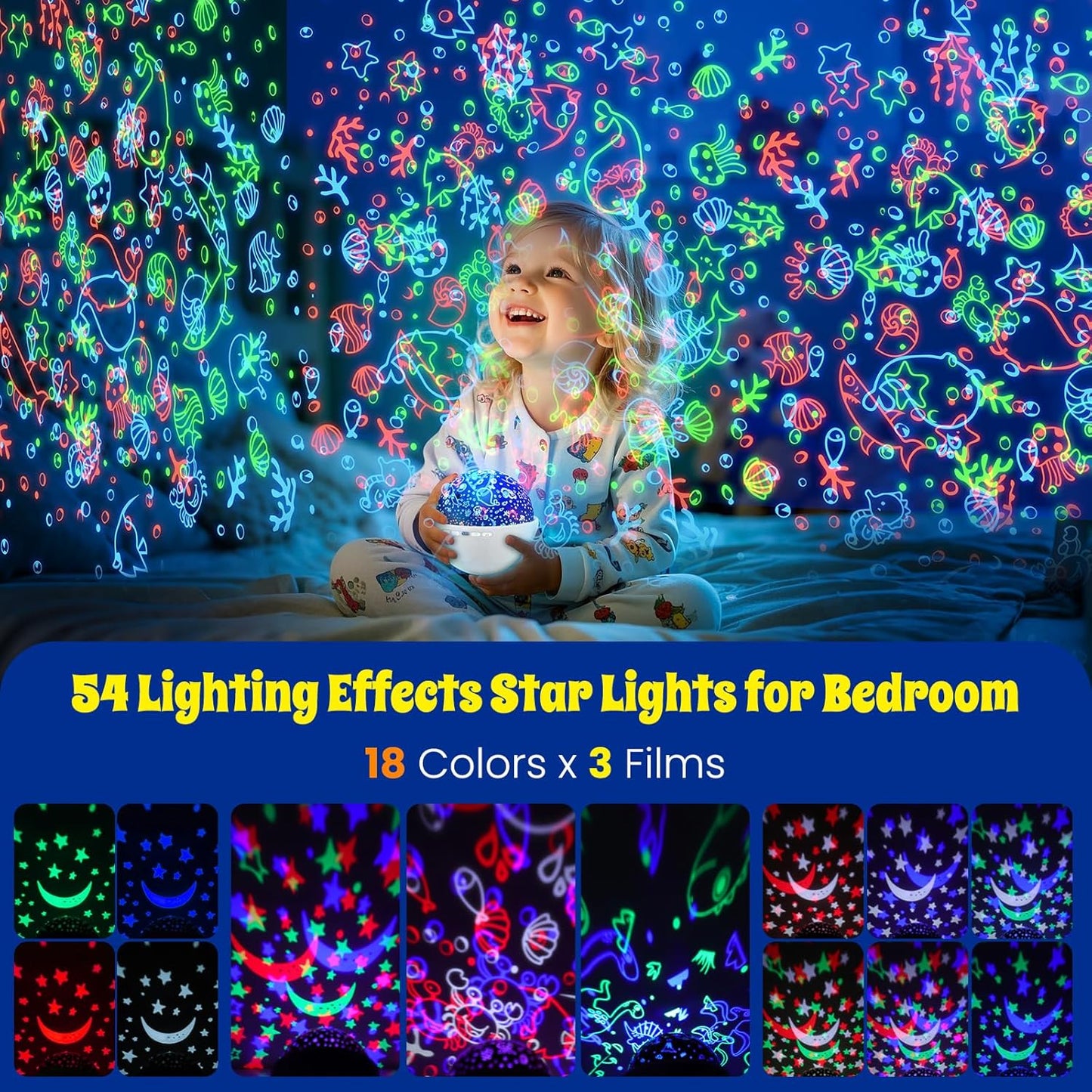 Night Light Projector,Night Light for Kids Room with Remote and Timer,360° Rotation,3 Projection Films,18 Light Modes,8 Lullaby Songs,Kids Night Lamp, Birthday Christmas Gifts for Boys Girls (White)