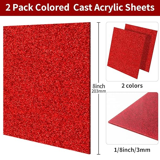 2 PCS 8 x 8 inch Glitter Colored Plexiglass Acrylic Sheets
