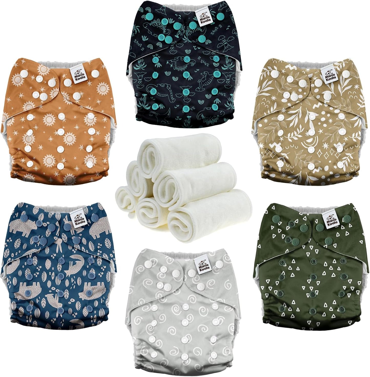 Mama Koala 3.0 Cloth Diapers for Babies with AWJ Lining, 6 Pack with 6 Natural Cloth Diaper Inserts - Reusable and Washable Pocket Diapers (Natural Elements)