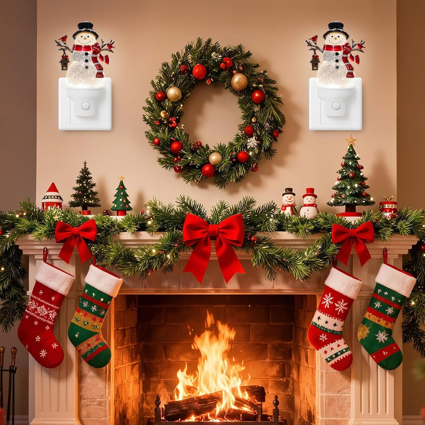 2 Pack Christmas Snowman Night Light Plug into Wall Glitter Water Nightlight with USB/Outlet Options, Christmas Decorative Nightlight for Bedroom Kitchen Holiday Decorations Gifts (Snowman)